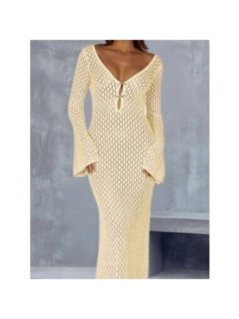 Beige Casual Women's Crochet Maxi Beach Swim Cover Up Dress